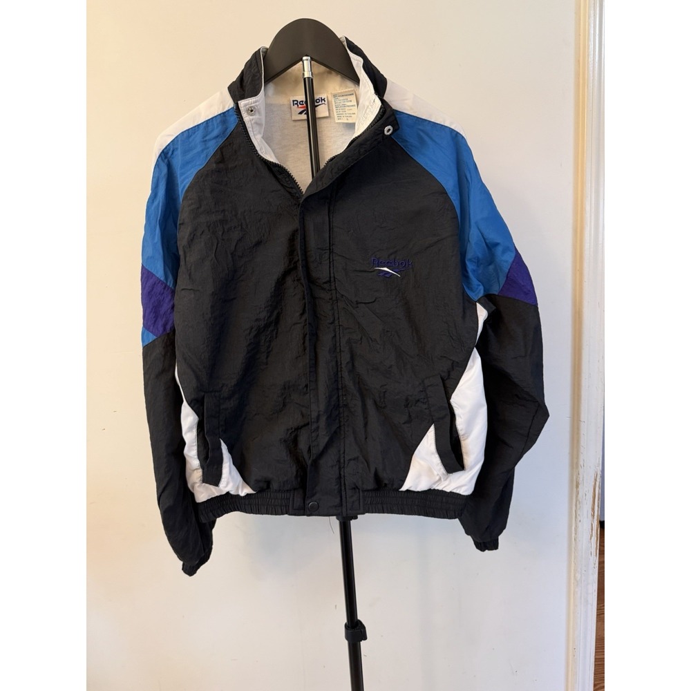 Reebok Vintage Colorblock Windbreaker Jacket Black Blue White Size S